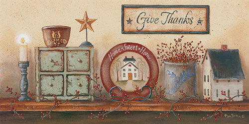 Pam Britton BR448 - Primitive Shelf II - Give Thanks, Drawers, Candles, Crocks, Birdhouse, Berries from Penny Lane Publishing