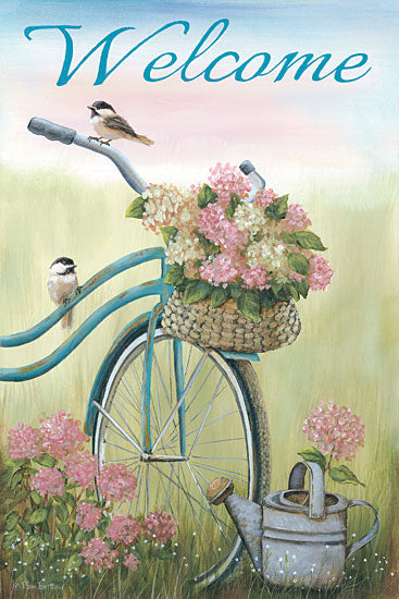 Pam Britton BR469 - Old Bike Welcome - 12x18 Bike, Bicycle, Welcome, Birds, Flowers, Hydrangeas, Watering Can from Penny Lane