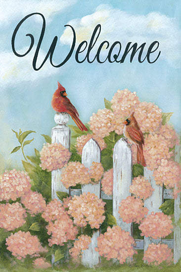 Pam Britton BR471 - Cardinal Pair Welcome - 12x16 Cardinals, Birds, Welcome, Hydrangeas, Pink Flowers, Fence from Penny Lane