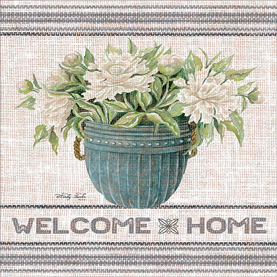 Cindy Jacobs CIN1114 - Galvanized Peonies Welcome Home Welcome Home, Peonies, Galvanized Metal Pot, Feed Sack, Shabby Chic from Penny Lane