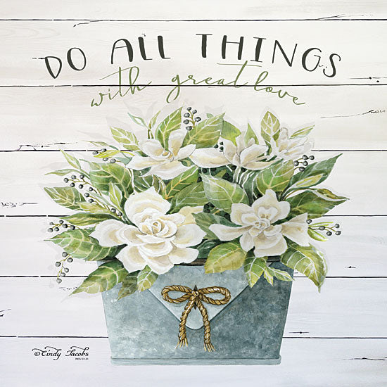 Cindy Jacobs CIN1580 - Do All Things with Great Love - 12x12 Galvanized Pot, White Flowers, Flowers, Do All Things with Great Love, Shiplap from Penny Lane