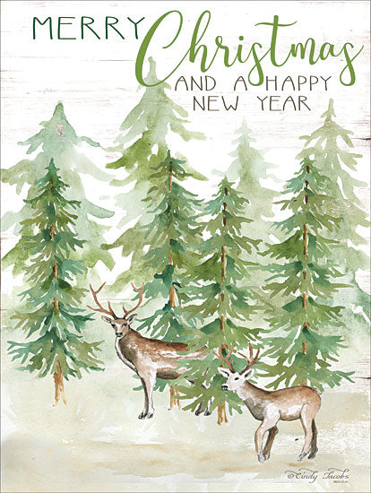 Cindy Jacobs CIN1635 - CIN1635 - Merry Christmas & Happy New Year Deer - 12x16 Holidays, Trees, Christmas Trees, Deer, Happy New Year, Forest from Penny Lane