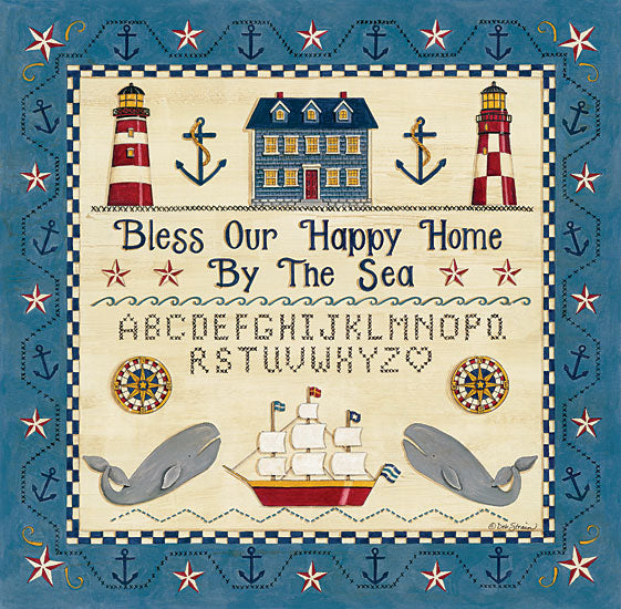 Deb Strain DS1726 - Bless our Happy Home by the Sea Sampler Bless Our Home, Lighthouse, Ship, Whales, Anchors, Stitchery from Penny Lane