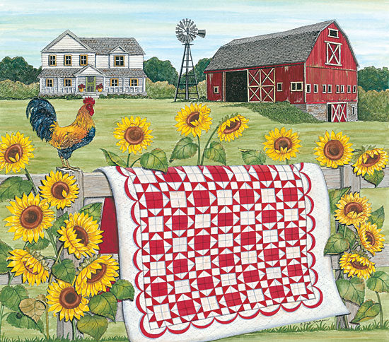 Deb Strain DS1733 - Red & White Farm Quilt Quilt, Red and White, Farm, Barn, Rooster, Sunflowers, Autumn, Homestead from Penny Lane