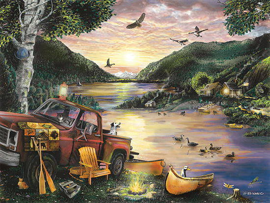 Ed Wargo ED413 - ED413 - Lakefront Camping I - 16x12 Camping, Truck, Birds, Dog, Canoe, Adirondack Chair, Fire, Campsite, Lake, Nature from Penny Lane