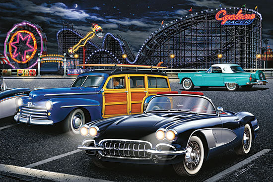 JG Studios JGS245 - JGS245 - Cyclone Racer - 18x12 Long Beach, Neon, Nostalgia, Classic Cars, 1950's, Cyclone Racer, Rollercoaster from Penny Lane