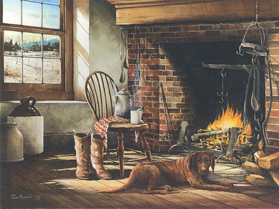 John Rossini JR227 - His Morning Coffee - Dog, Fireplace, Chair, Crocks, Room, Antiques from Penny Lane Publishing