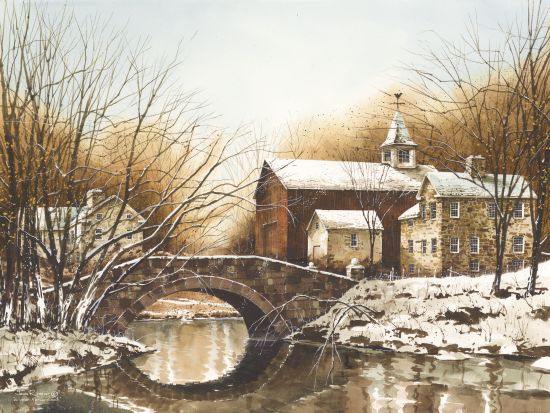 John Rossini JR277 - Winter Reflections Stone Bridge, Barn, Winter, Creek, Snow, Stone House from Penny Lane