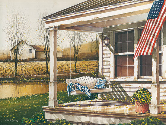 John Rossini JR352 - Fall is in the Air - 16x12 Front Porch, Swing, American Flag, Patriotic, Autumn, Harvest, Yellow Flowers, Flowers from Penny Lane