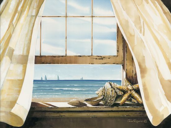 John Rossini JR359 - Beach Treasures - 16x12 Window, Windowsill, Shells, Ocean, Ocean View from Penny Lane