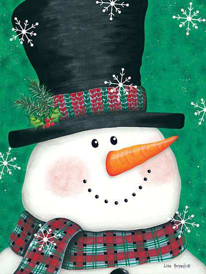 Lisa Kennedy KEN1052 - Portrait Snowman - 12x16 Snowman, Black, Green & Red Plaid, Scarf, Snowflakes, Winter from Penny Lane