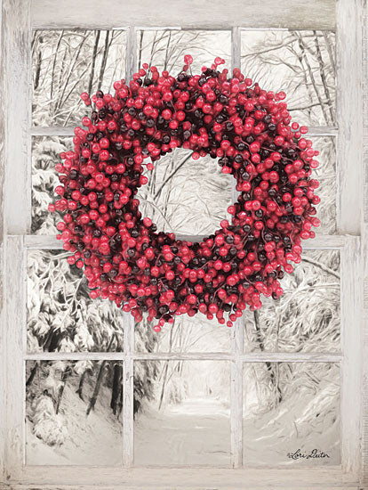 Lori Deiter LD1466 - Beaded Wreath View II Berries, Wreath, Window, Path, Road, Snow, Winter, Red from Penny Lane