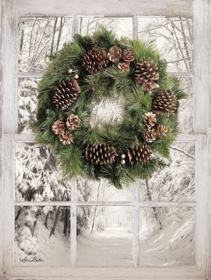 Lori Deiter LD1470 - Pine Tree Window View Wreath, Pine Cones, Snow, Winter, Window, Trees, Path from Penny Lane