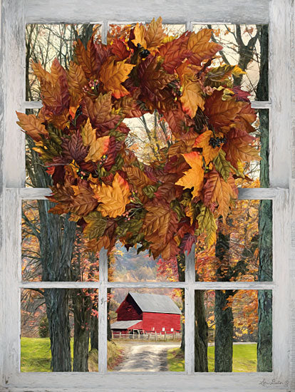Lori Deiter LD1488 - Fall Window View II Window Pane, Wreath, Autumn, Barn, Farm, Country, Leaves from Penny Lane