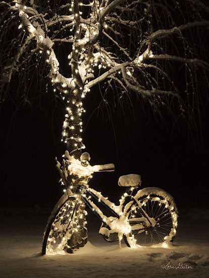 Lori Deiter LD1683 - Snowy Bicycle - 12x16 Bicycle, Bike, Lights, String of Lights, Tree, Winter, Snow from Penny Lane