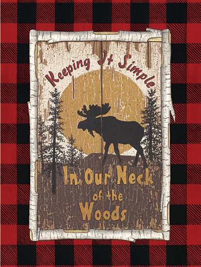 Linda Spivey LS1735 - Plaid Moose - 12x16 Moose, Sun, Keeping it Simple, Trees, Rustic, Buffalo Plaid, Birch Tree, Frame from Penny Lane