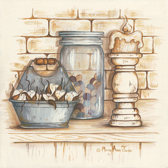 Mary Anne June MARY523 - Cotton Balls and Berries - 12x12 Cotton, Berries, Glass Jar, Candle, Rustic, Still Life from Penny Lane