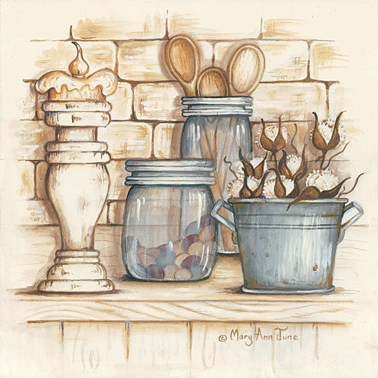 Mary Anne June MARY525 - Jars and Wooden Spoons - 12x12 Kitchen, Wooden Spoons, Glass Jars, Galvanized Bucket, Candles, Still Life from Penny Lane