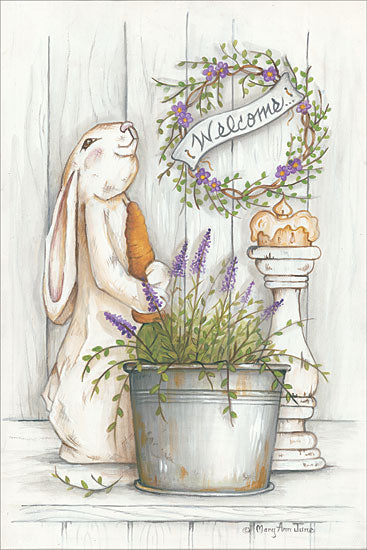 Mary Anne June MARY526 - Welcome Bunny - 12x18 Welcome, Bunny , Rabbit, Wreath, Candle, Galvanized Bucket, Herbs from Penny Lane
